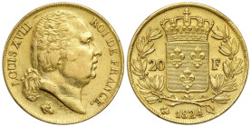 France
France, Louis XVIII (18141824). 20 francs 1824 Q, Perpignan 

Moneta czyszczona. Ciekawsza mennica.

Details: 6,40 g Au 
Condition: 3 (VF...