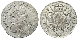 Germany
Germany, Prussia. Frederick II (17401786). Szstak 1754 E, Knigsberg 

Końcówka napisu na rewersie PRVS.Osad na awersie. Rewers z blaskiem m...
