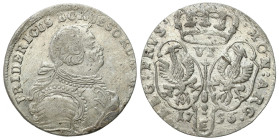 Germany
Germany, Prussia. Frederick II (17401786). Szstak 1756 E, Krlewiec 

Widoczny blask menniczy.&nbsp;Olding 208

Details: 3,58 g Ag 
Condi...