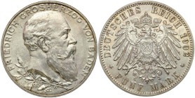 Germany
Germany, Baden. 5 marks 1902 G, Karlsruhe - BEAUTIFUL 

Pięknie zachowane, wspaniały egzemplarz z połyskiem menniczym.&nbsp;

Details: 27...