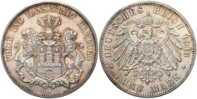 Germany
Germany, 5 marks 1913 J, Hamburg 

Delikatna kolorowa patyna, bardzo ładnie zachowane.&nbsp;

Details: 27,7g Ag 
Condition: 1-/2+ (UNC-/...