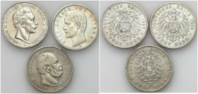 Germany
Germany, Prussia, Bavaria. 5 marks 1876-1907, set of 3 coins 

Obiegowe sztuki.&nbsp;Ślady czyszczenia.&nbsp;

Details: 82,84 g Ag 
Cond...