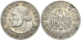 Germany
Germany, Weimar. 5 marks 1933 A, Berlin 

Wybite na 450 rocznicę urodzin Marcina Lutra.Patyna.AKS 69; Jaeger 353&nbsp;

Details: 13,80 g ...