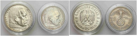 Germany
Third Reich 5 Marks + 2 Marks 1936-1938 Hindenburg 

Ładne, połysk.

Details: 13,85 g Ag .900 + 7,96 g Ag . 
Condition: 2- (EF- )