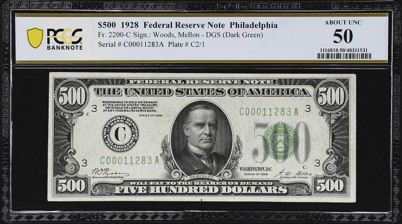 Fr. 2200-C. 1928 Dark Green Seal $500 Federal Reserve Note. Philadelphia. PCGS B...