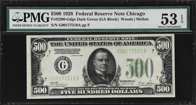 Fr. 2200-Gdgs. 1928 Dark Green Seal $500 Federal Reserve Note. Chicago. PMG Abou...