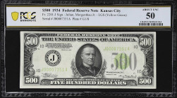 Fr. 2201-J. 1934 Light Green Seal $500 Federal Reserve Note. Kansas City. PCGS Banknote About Uncirculated 50.

About Uncirculated. With just a touc...