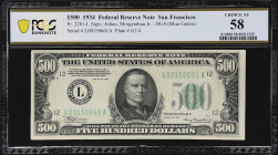 Fr. 2201-L. 1934 Dark Green Seal $500 Federal Reserve Note. San Francisco. PCGS Banknote Choice About Uncirculated 58.

Choice About Uncirculated. W...