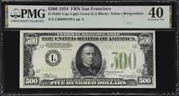 Fr. 2201-Llgs. 1934 Light Green Seal $500 Federal Reserve Note. San Francisco. PMG Extremely Fine 40.

Extremely Fine. An original example with only...