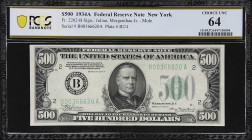 Fr. 2202-B. 1934A $500 Federal Reserve Mule Note. New York. PCGS Banknote Choice Uncirculated 64.

Choice Uncirculated. A choice example of this eve...