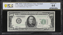 Fr. 2202-D. 1934A $500 Federal Reserve Mule Note. Cleveland. PCGS Banknote Choice Uncirculated 64.

Choice Uncirculated. A choice example of this ev...
