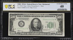 Fr. 2202-E. 1934A $500 Federal Reserve Note. Richmond. PCGS Banknote Extremely Fine 40.

Extremely Fine. An original example with only light circula...