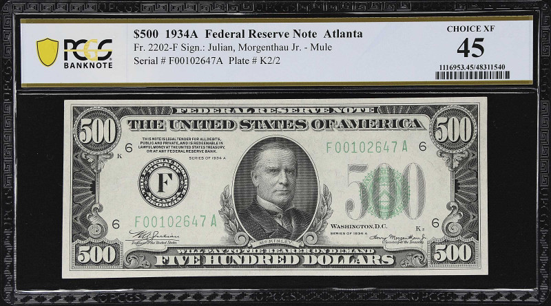 Fr. 2202-F. 1934A $500 Federal Reserve Mule Note. Atlanta. PCGS Banknote Choice ...