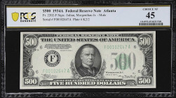 Fr. 2202-F. 1934A $500 Federal Reserve Mule Note. Atlanta. PCGS Banknote Choice Extremely Fine 45.

Choice Extremely Fine. An original example with ...