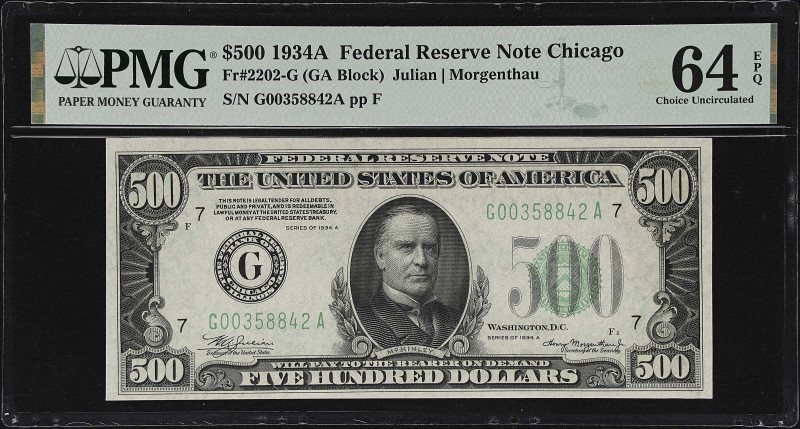 Fr. 2202-G. 1934A $500 Federal Reserve Note. PMG Choice Uncirculated 64 EPQ.

...