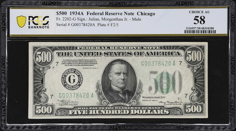 Fr. 2202-G. 1934A $500 Federal Reserve Mule Note. Chicago. PCGS Banknote Choice ...