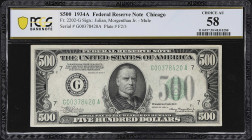 Fr. 2202-G. 1934A $500 Federal Reserve Mule Note. Chicago. PCGS Banknote Choice About Uncirculated 58.

Choice About Uncirculated. With but the ligh...