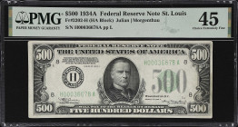 Fr. 2202-H. 1934A $500 Federal Reserve Note. St. Louis. PMG Choice Extremely Fine 45.

Choice Extremely Fine. An original example with only light ci...