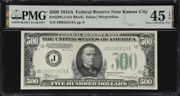 Fr. 2202-J. 1934A $500 Federal Reserve Note. Kansas City. PMG Choice Extremely Fine 45 EPQ.

Choice Extremely Fine. An original example with only li...