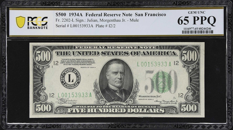 Fr. 2202-L. 1934A Federal Reserve Mule Note. San Francisco. PCGS Banknote Gem Un...