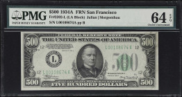 Fr. 2202-L. 1934A $500 Federal Reserve Note. San Francisco. PMG Choice Uncirculated 64 EPQ.

Choice Uncirculated. A choice example of this ever-popu...