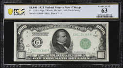 Fr. 2210-G. 1928 Dark Green Seal $1000 Federal Reserve Note. Chicago. PCGS Banknote Choice Uncirculated 63.

Choice Uncirculated. A choice example o...