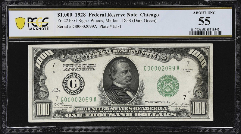 Fr. 2210-G. 1928 Dark Green Seal $1000 Federal Reserve Note. Chicago. PCGS Bankn...
