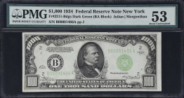 Fr. 2211-Bdgs. 1934 Dark Green Seal $1000 Federal Reserve Note. New York. PMG About Uncirculated 53.

About Uncirculated. With just a touch of circu...