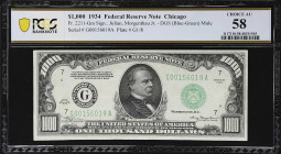 Fr. 2211-Gm. 1934 Dark Green Seal $1000 Federal Reserve Mule Note. Chicago. PCGS Banknote Choice About Uncirculated 58.

Choice About Uncirculated. ...