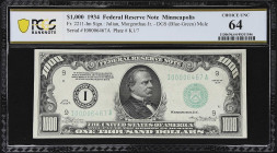 Fr. 2211-Im. 1934 Dark Green Seal $1000 Federal Reserve Mule Note. Minneapolis. PCGS Banknote Choice Uncirculated 64.

Choice Uncirculated. A choice...