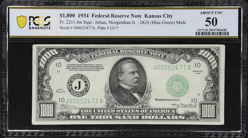 Fr. 2211-Jm. 1934 Dark Green Seal $1000 Federal Reserve Mule Note. Kansas City. ...