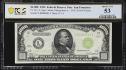 Fr. 2211-L. 1934 Light Green Seal $1000 Federal Reserve Note. San Francisco. PCGS Banknote About Uncirculated 53.

About Uncirculated. With just a t...