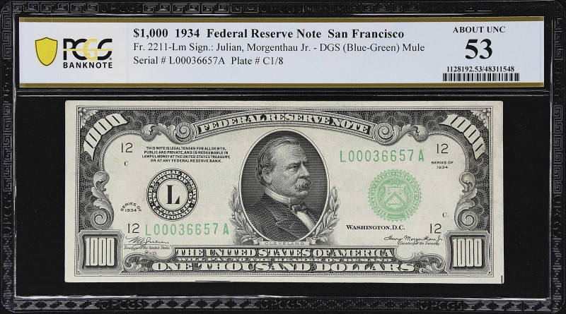 Fr. 2211-Lm. 1934 Dark Green Seal $1000 Federal Reserve Mule Note. San Francisco...