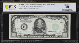 Fr. 2212-B. 1934A $1000 Federal Reserve Note. New York. PCGS Banknote Very Fine 30.

Very Fine. With only light and even circulation, this note reta...