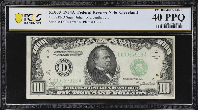Fr. 2212-D. 1934A $1000 Federal Reserve Note. Cleveland. PCGS Banknote Extremely...