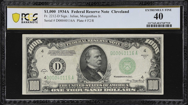 Fr. 2212-D. 1934A $1000 Federal Reserve Note. Cleveland. PCGS Banknote Extremely...