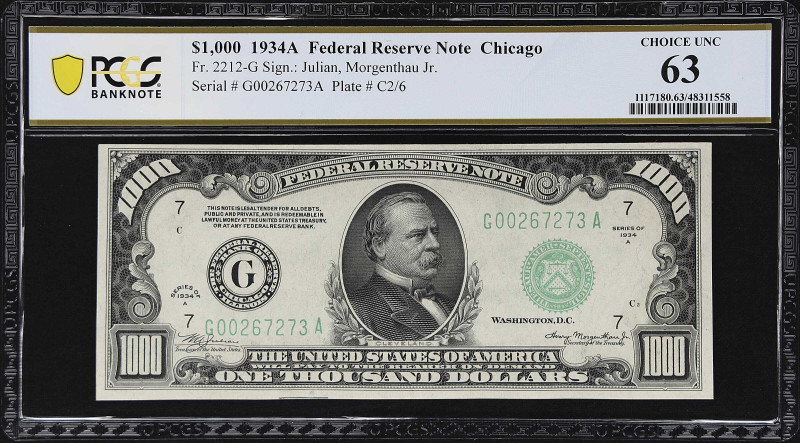 Fr. 2212-G. 1934A $1000 Federal Reserve Note. Chicago. PCGS Banknote Choice Unci...