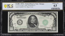 Fr. 2212-G. 1934A $1000 Federal Reserve Note. Chicago. PCGS Banknote Choice Uncirculated 63.

Choice Uncirculated. A choice example of this ever-pop...