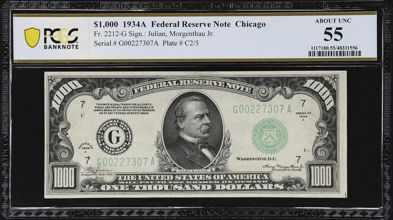 Fr. 2212-G. 1934A $1000 Federal Reserve Note. Chicago. PCGS Banknote About Uncir...