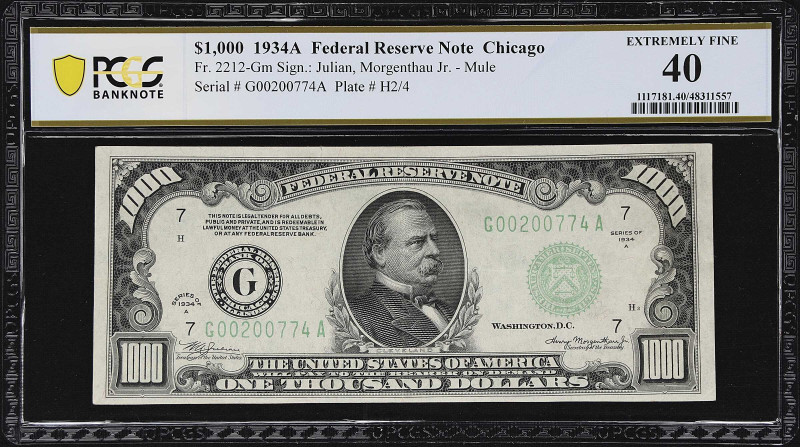 Fr. 2212-Gm. 1934A $1000 Federal Reserve Mule Note. Chicago. PCGS Banknote Extre...