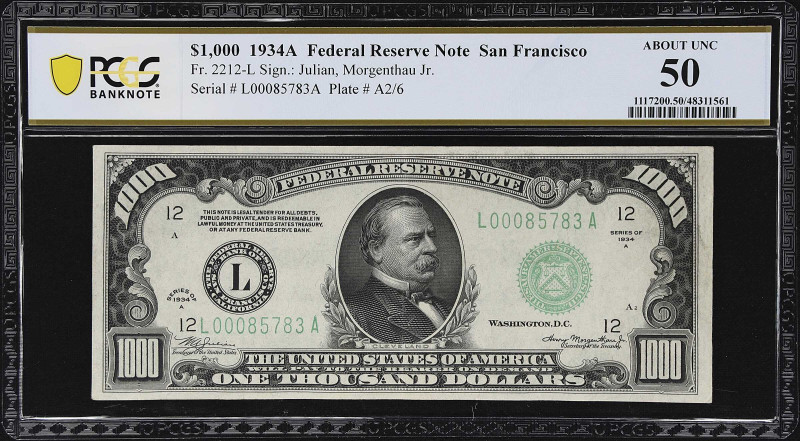 Fr. 2212-L. 1934A $1000 Federal Reserve Note. San Francisco. PCGS Banknote About...