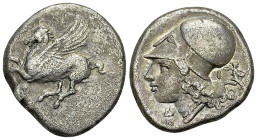 Corinth AR Stater, c. 345-307 BC 

Corinthia, Corinth. AR Stater (20-21 mm, 8.17 g), c. 345-307 BC.
Obv. Pegasos flying to left; Ϙ below.
 Rev. He...