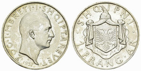 Zogu I AR 1 Frang 1937 R, Rome 

Albania. Zogu. AR 1 Frang 1937 R (4.97 g), Rome.
KM 16.

Almost uncirculated.