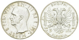 Albania AR 5 Lek 1939 R, Roma 

Albania. Vittorio Emanuele III. AR 5 Lek 1939 R (4.97d g), Roma.
 Montenegro 485.

Almost uncirculated.