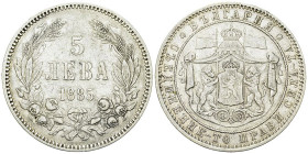 Bulgaria AR 5 Leva 1885 

Bulgaria. Alexander I. AR 5 Leva 1885 (24.80 g).
KM 7.

Very fine.