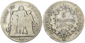 France, AR 5 Francs an 6 K, Bordeaux 

France, Consulat. AR 5 Francs Hercule an 6 K (37 mm, 24.21 g), Bordeaux.
 Gad. 563.

TB.