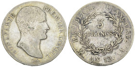 Napoléon I, AR 5 Francs an 12 A, Paris 

France, Consulat. Napoléon I. AR 5 Francs an 12 A (24.69 g), Paris.
 Gad. 577.

TB.