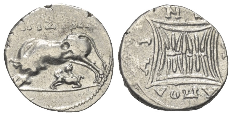 Illyrien. Apollonia.

 Drachme (Silber). Ca. 250 - 48 v. Chr.
Vs: Kuh mit Kal...