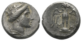 Pontos. Amisos.

 Drachme (Silber). Ca. 300 - 125 v. Chr.
Vs: Kopf der Hera-Tyche mit Mauerkrone rechts.
Rs: Eule mit gespreizten Flügeln auf Schi...
