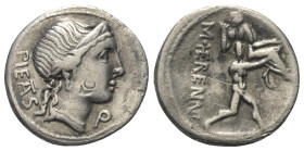 M. Herennius.

 Denar (Silber). 108 oder 107 v. Chr. Rom.
Vs: PIETAS. Kopf der Pietas mit Diadem rechts.
Rs: M HERENNI. Amphinomus, einer der beid...